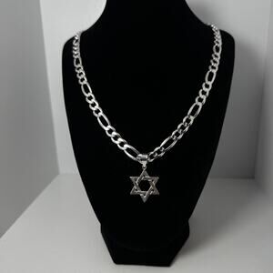 Sterling Silver Star of David Pendant Necklace 925 Italy Figaro Chain 23 in 42g